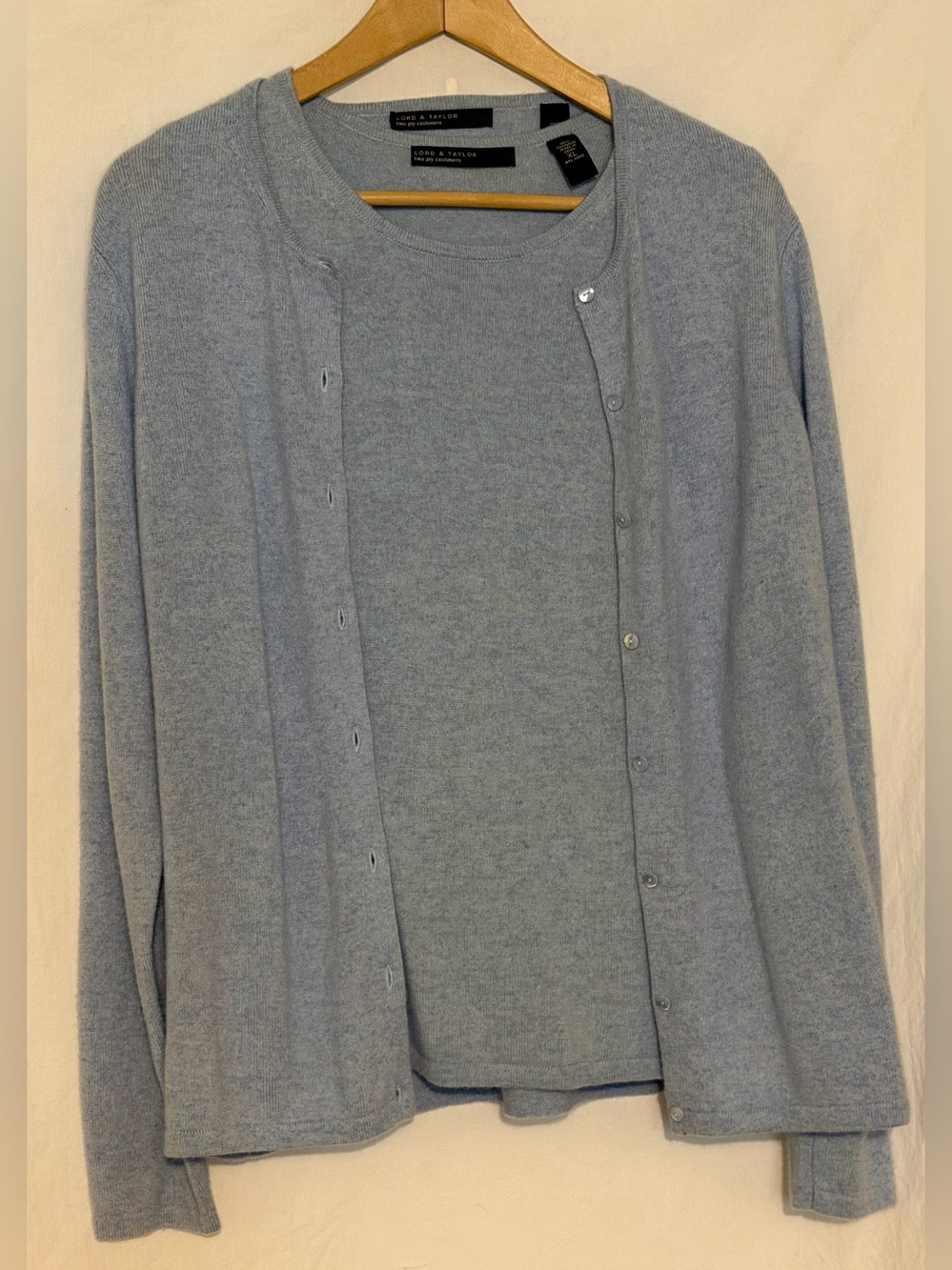 Lord & Taylor 100% Cashmere Twin Set Cardigan Sweater Shell Ice Blue XL Luxury